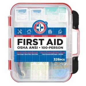 Be Smart Get Prepared First Aid Kit Hard Red Case 326 Pieces Exceeds OSHA ANSI Guidelines 100 People. Office, Home, Car, School, Emergency, Survival, Camping, Hunting and Sports, FSA / HSA Approved