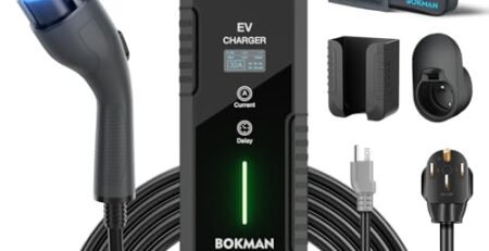 bokman Portable Level 2 EV Charger (240V, 32A) with 25ft Cable and NEMA 14-50 for SAE-J1772 Electric Vehicles Current Adjustable and Reservation Charging Function (NOT for Tesla)