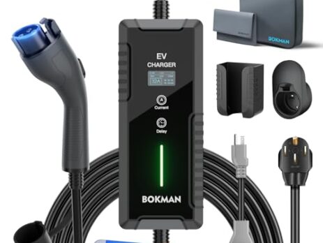 bokman Portable Level 2 EV Charger (240V, 32A) with 25ft Cable and NEMA 14-50 for SAE-J1772 Electric Vehicles Current Adjustable and Reservation Charging Function (NOT for Tesla)