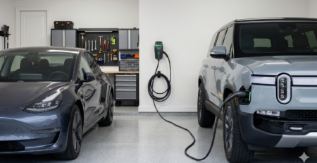 A shared home EV charging station setup for a dual-vehicle household featuring both NACS and J1772 charging ports.