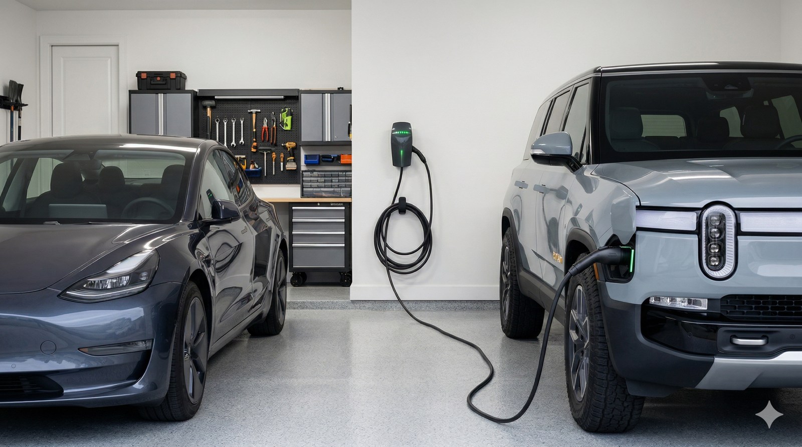 A shared home EV charging station setup for a dual-vehicle household featuring both NACS and J1772 charging ports.