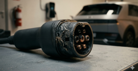A dangerous, melted uncertified EV charging adapter showing the consequences of poor heat dissipation and lack of safety vetting.