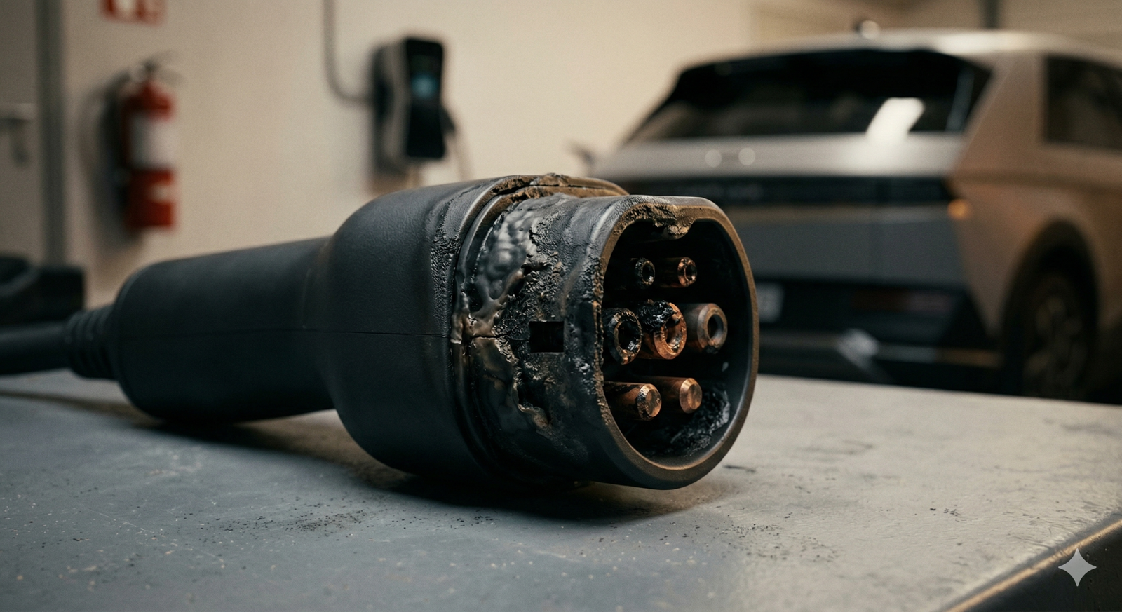 A dangerous, melted uncertified EV charging adapter showing the consequences of poor heat dissipation and lack of safety vetting.