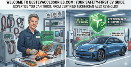 Alex Reynolds, certified EV technician, performing a thermal safety test on an EV adapter for BestEVAccessories.com. The illustration shows his 'Safety-First' approach, emphasizing UL/ETL certified equipment and optimal charging performance for non-Tesla and Tesla vehicles