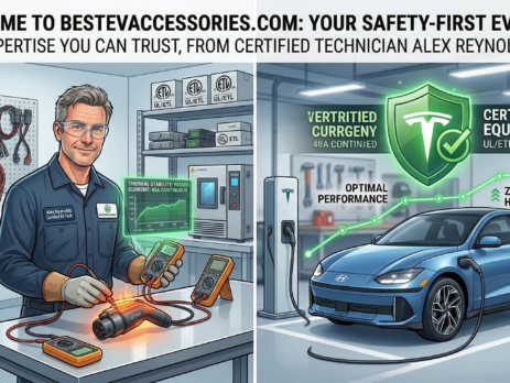 Alex Reynolds, certified EV technician, performing a thermal safety test on an EV adapter for BestEVAccessories.com. The illustration shows his 'Safety-First' approach, emphasizing UL/ETL certified equipment and optimal charging performance for non-Tesla and Tesla vehicles