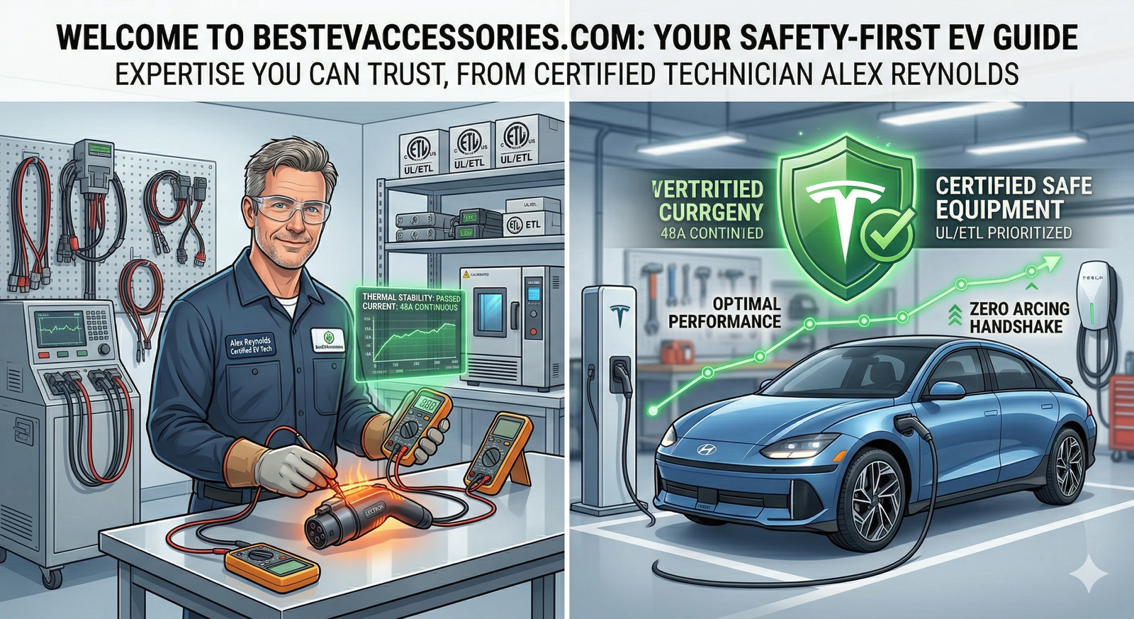 Alex Reynolds, certified EV technician, performing a thermal safety test on an EV adapter for BestEVAccessories.com. The illustration shows his 'Safety-First' approach, emphasizing UL/ETL certified equipment and optimal charging performance for non-Tesla and Tesla vehicles