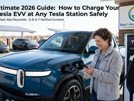 A Rivian owner uses a J1772 to NACS adapter to charge her Non-Tesla EV at a Tesla Supercharger station