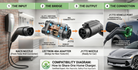A detailed 4-step diagram showing how to use the Lectron Tesla-to-J1772 adapter (48A) to share a single home charger in a dual EV household. Expert certified by Alex Reynolds