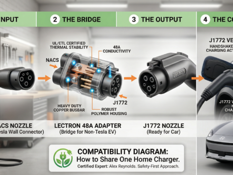 A detailed 4-step diagram showing how to use the Lectron Tesla-to-J1772 adapter (48A) to share a single home charger in a dual EV household. Expert certified by Alex Reynolds