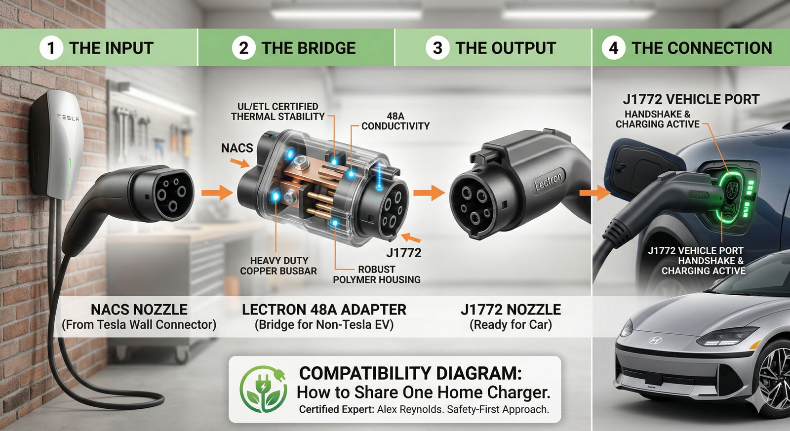 A detailed 4-step diagram showing how to use the Lectron Tesla-to-J1772 adapter (48A) to share a single home charger in a dual EV household. Expert certified by Alex Reynolds