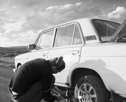 A portable EV tire repair kit with a 12V compressor and sealant bottle placed next to a Tesla Model 3 tire on the roadside