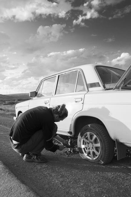A portable EV tire repair kit with a 12V compressor and sealant bottle placed next to a Tesla Model 3 tire on the roadside